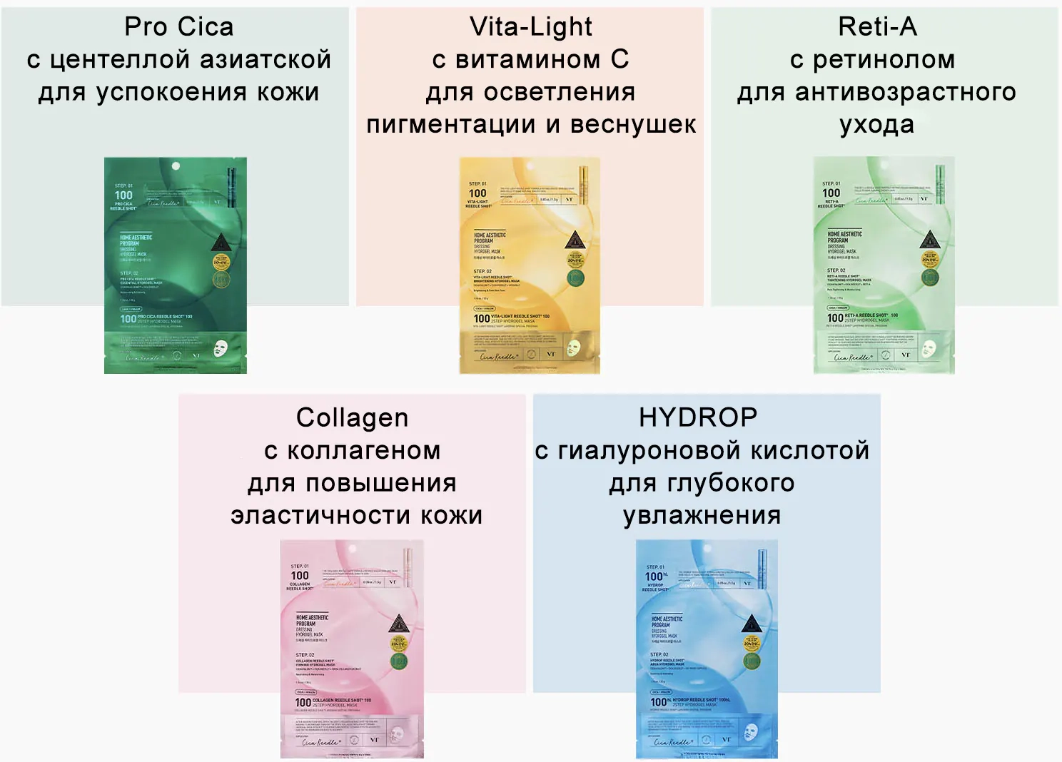Вся серия гидрогелевых масок VT Cosmetics Reedle Shot 2-Step Hydrogel Mask